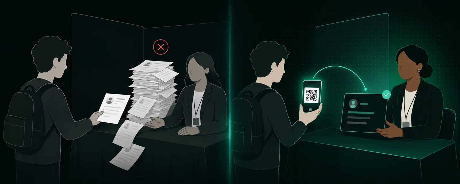 Handing over a paper resume that joins the pile, versus sharing a Reddy QR that lands as a profile on the recruiter's tablet